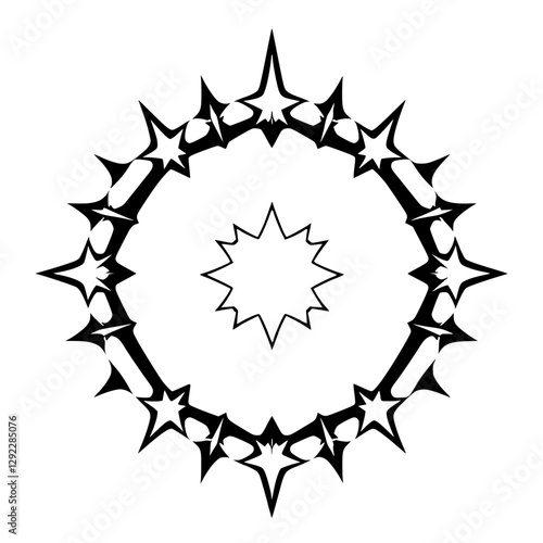 Black and White Graphic: Concentric Circular Design of Spiked Stars Surrounding an Inner Starburst.