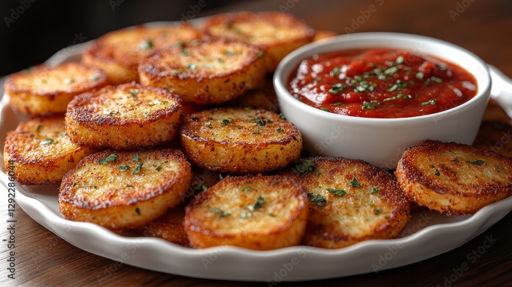 A little white bowl of bright red marinara sauce is surrounded by crispy golden-brown fried eggplant slices on a white scalloped ceramic plate. A little white bowl of bright red marinara sauce is surrounded by crispy golden-brown fried eggplant slices on a white scalloped ceramic plate.