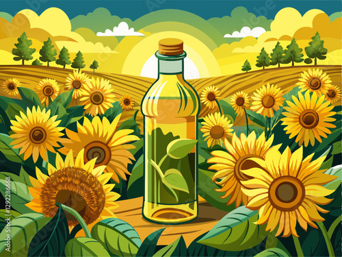 vector of Sunflower oil in a field of sunflowers.