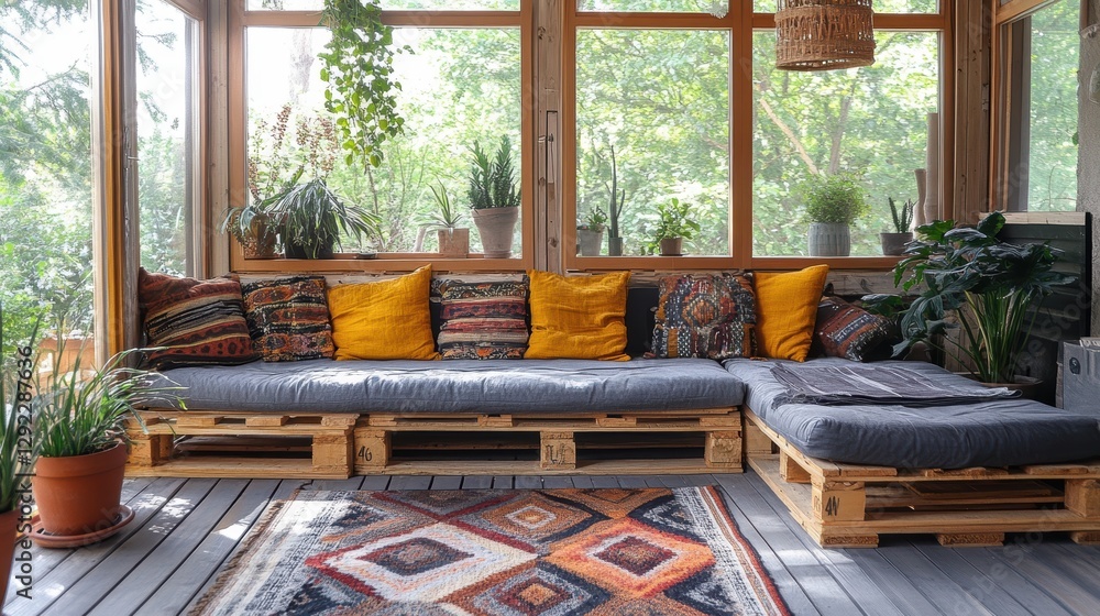 Cozy and Inviting Sunlit Living Room with Pallet Furniture and Greenery Accents Cozy and Inviting Sunlit Living Room with Pallet Furniture and Greenery Accents