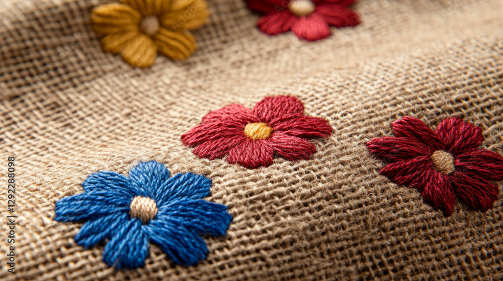 Floral embroidery on burlap texture for rustic crafts and designs Floral embroidery on burlap texture for rustic crafts and designs