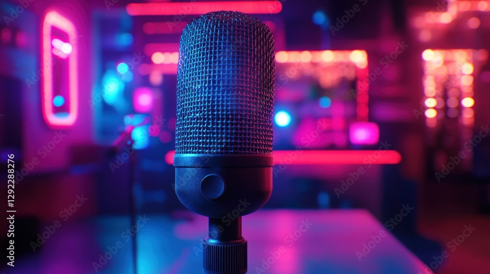 Studio microphone in vibrant neon-lit recording booth Studio microphone in vibrant neon-lit recording booth