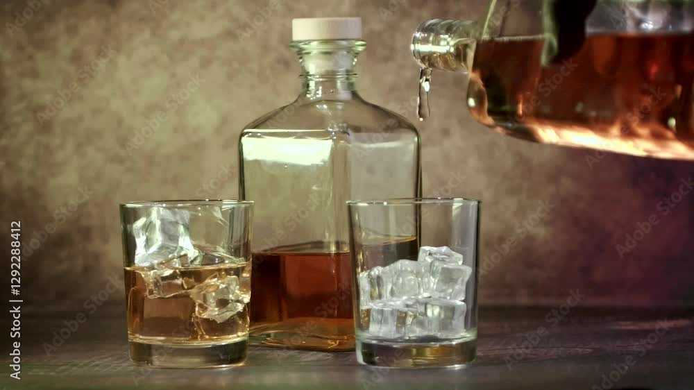 Glasses of whiskey with ice and a bottle of whiskey or brandy on a wooden table. Whiskey is poured into glasses. Antique stylized still life. Slow motion. Glasses of whiskey with ice and a bottle of whiskey or brandy on a wooden table. Whiskey is poured into glasses. Antique stylized still life. Slow motion.