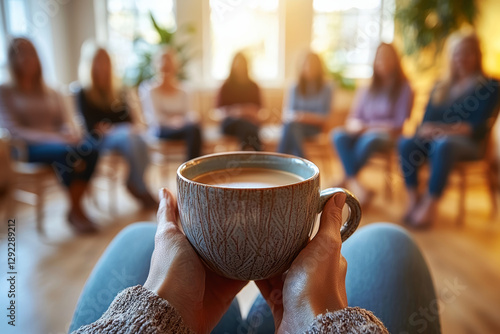person holding warm cup of coffee in support group meeting, surrounded by individuals engaged in conversation. atmosphere is warm and inviting, fostering connection and support