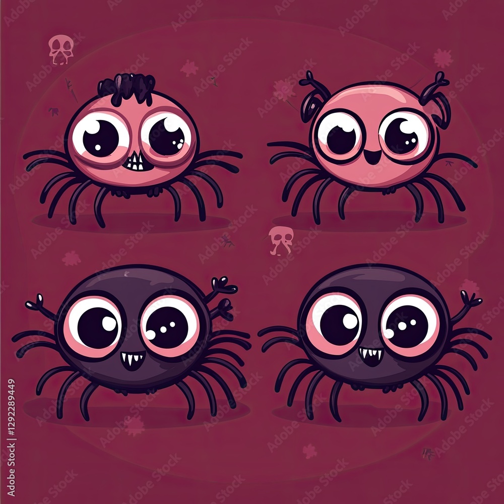 Obraz premium Cute Spiders on Maroon Background