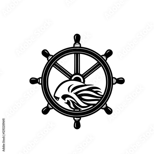 Black and White minimalist illustration of a ship's wheel with an abstract sea lion design.