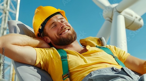 Relaxed-construction-worker-enjoying-a-sunny-day-near-wind-turbines-with-bright-blue-sky-in-background-promoting-renewable-energy