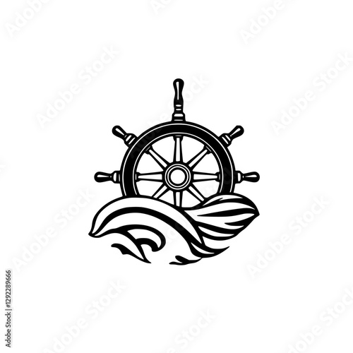 Nautical helm steering wheel on waves, minimalist monochrome logo.