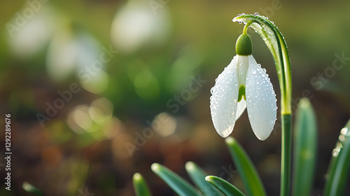 Close-up snowdrop, raindrops on snowdrop spring