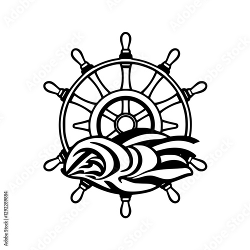 Nautical helm & wave, representing the rudder and the ocean currents.