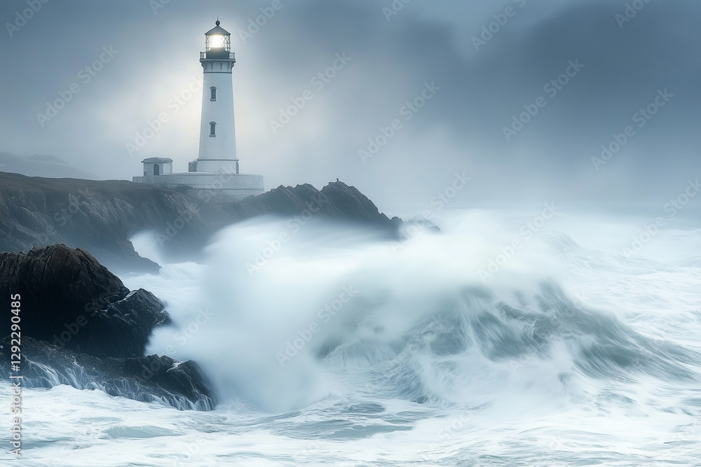 Stormy Lighthouse on Rocky Coast with Powerful Ocean Waves Stormy Lighthouse on Rocky Coast with Powerful Ocean Waves
