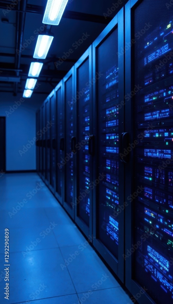 Sleek blue-lit server racks in futuristic data center, energy, IT, hardware Sleek blue-lit server racks in futuristic data center, energy, IT, hardware
