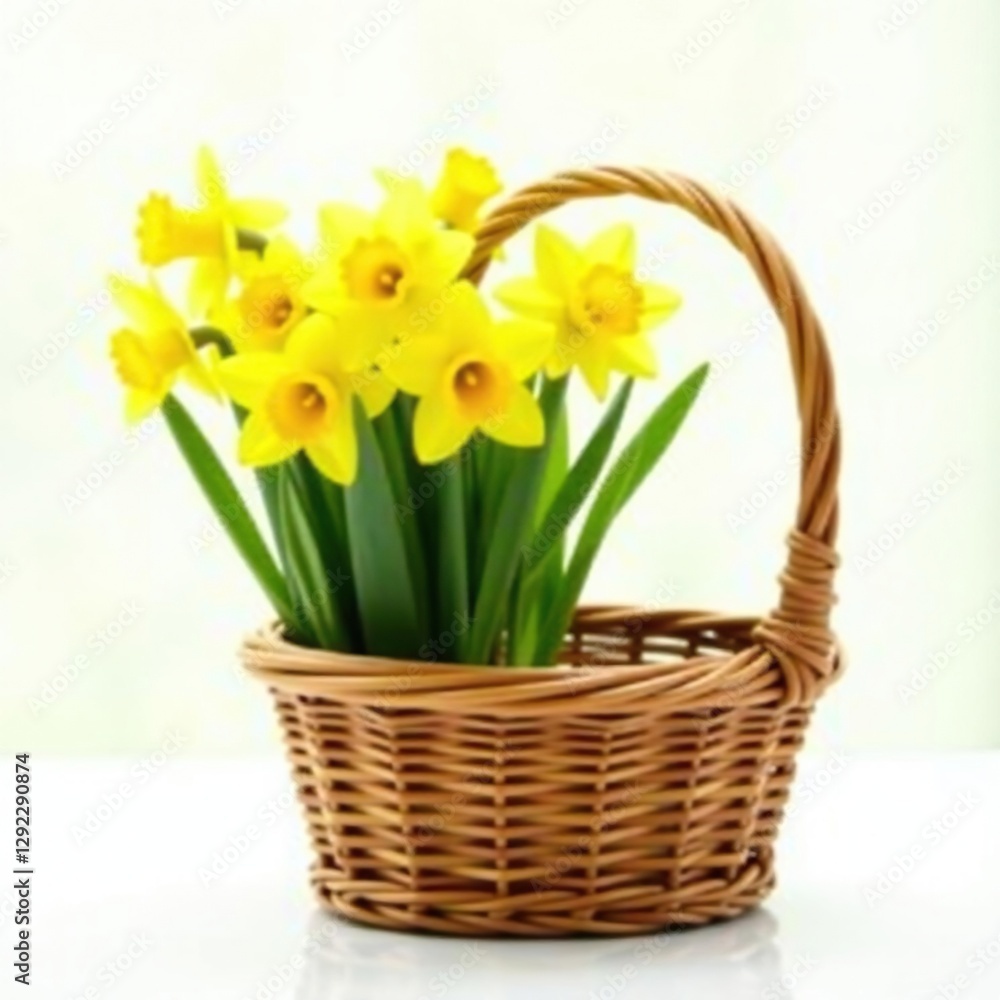 Spring bouquet of daffodils in a wooden wicker basket with a ribbon, wicker, daffodil Spring bouquet of daffodils in a wooden wicker basket with a ribbon, wicker, daffodil
