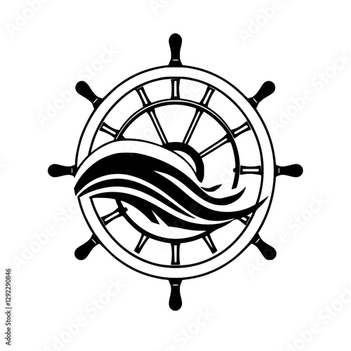 Nautical helm design blending sea waves with a simple stylized helm in black and white.