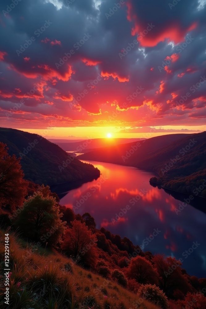 Fototapeta premium Autumn sunset over Burrator Reservoir, Dartmoor Dramatic sky, vibrant colours , Devon, vista