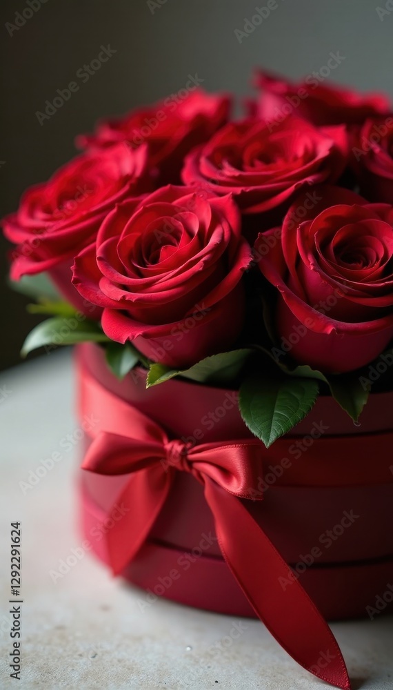 Close-up of velvety red roses and a tied chocolate box, tied, design Close-up of velvety red roses and a tied chocolate box, tied, design