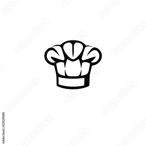 Clean, minimalist image of a black and white chef's hat, isolated on a pure white backdrop.