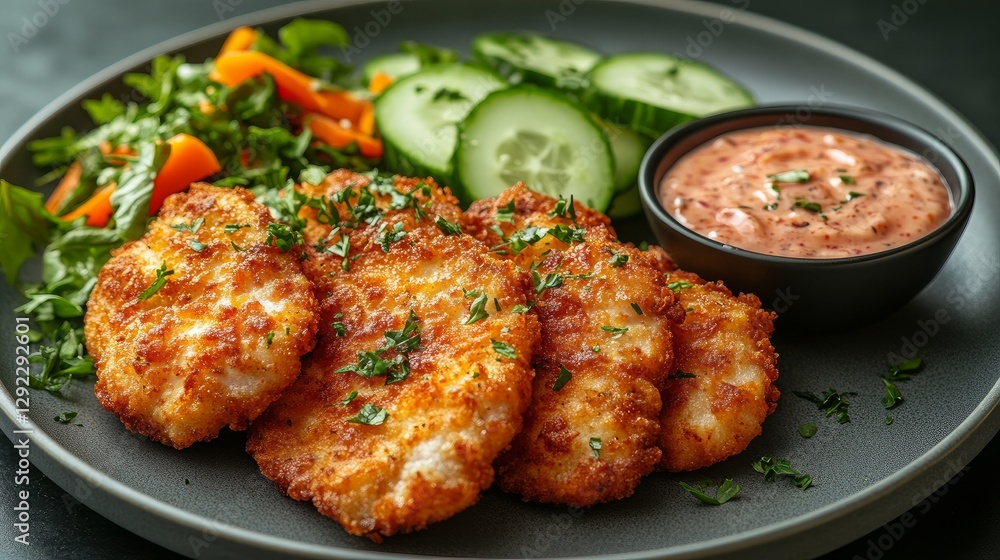 Top view of a grey dish with fried chicken schnitzels, cucumber and carrot salad, and tartare sauce on the side Top view of a grey dish with fried chicken schnitzels, cucumber and carrot salad, and tartare sauce on the side