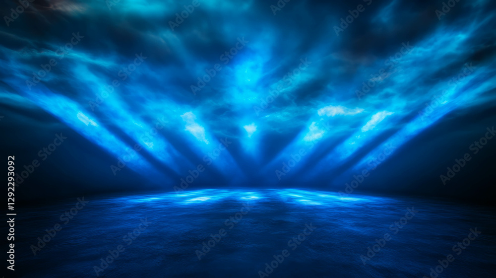 Enigmatic dark blue light rays emerging from ocean horizon for abstract design projects Enigmatic dark blue light rays emerging from ocean horizon for abstract design projects