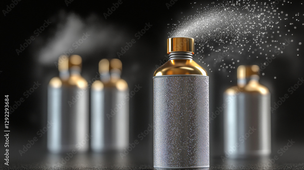 Spray, mist splash from aerosol bottle. Vector realistic illustration of 3d silver and gold atomizer can with jet of water, deodorant, insecticide or hairspray isolated on black background Spray, mist splash from aerosol bottle. Vector realistic illustration of 3d silver and gold atomizer can with jet of water, deodorant, insecticide or hairspray isolated on black background