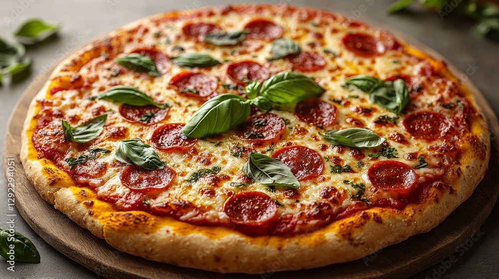 A circular pizza sits on a level platform against a plain background, its golden, crispy crust and colorful toppings—pepperoni pieces, fresh basil, and melted mozzarella—gleaming in the gentle, natura A circular pizza sits on a level platform against a plain background, its golden, crispy crust and colorful toppings—pepperoni pieces, fresh basil, and melted mozzarella—gleaming in the gentle, natura
