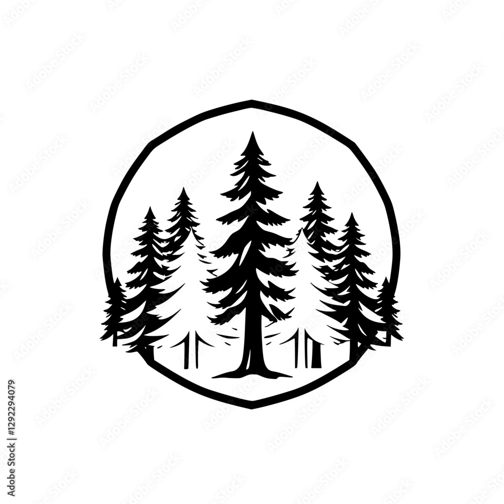Obraz premium Black-and-white pine tree silhouette forest scene within a simple shield-shaped frame on white background.