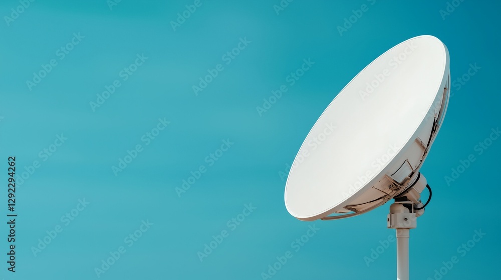 A white satellite dish is on a pole A white satellite dish is on a pole