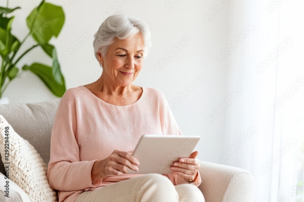 Elderly woman using digital devices for communication, active senior lifestyle. Elderly woman using digital devices for communication, active senior lifestyle.