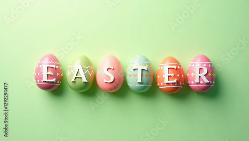 Colorful eggs are arranged to spell out the word Easter on a green background. Each egg features unique designs that enhance the festive atmosphere. This setup suits spring celebrations