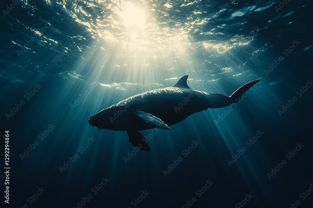 Naklejka premium Whale swims under bright sunlit ocean surface, dark depths behind. Stock image