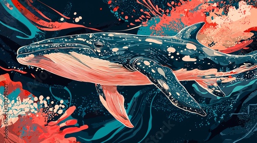 A blue whale is swimming in the ocean
