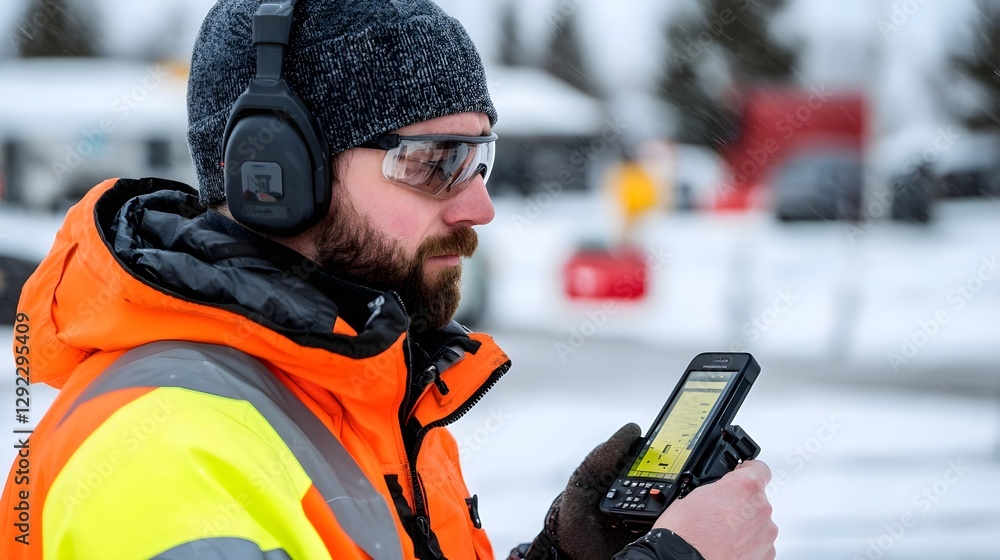 Obraz premium Worker-in-High-Visibility-Jacket-Using-Handheld-Device-in-Snowy-Environment-for-Safety-and-Communication-Tasks