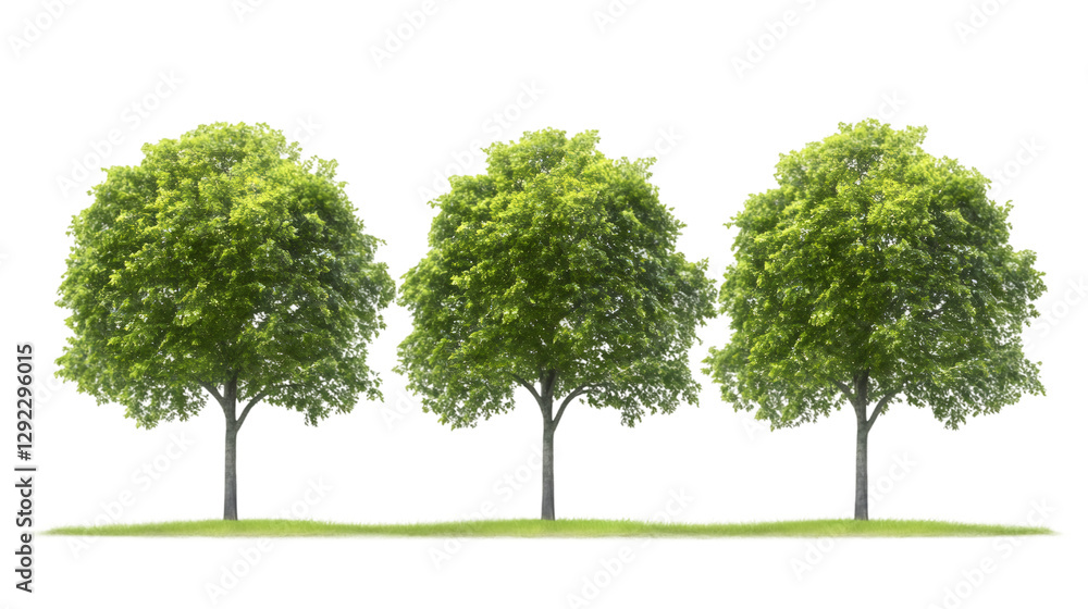 Green trees rising on grassy terrain, transparent backdrop enabling seamless graphic design integration Green trees rising on grassy terrain, transparent backdrop enabling seamless graphic design integration