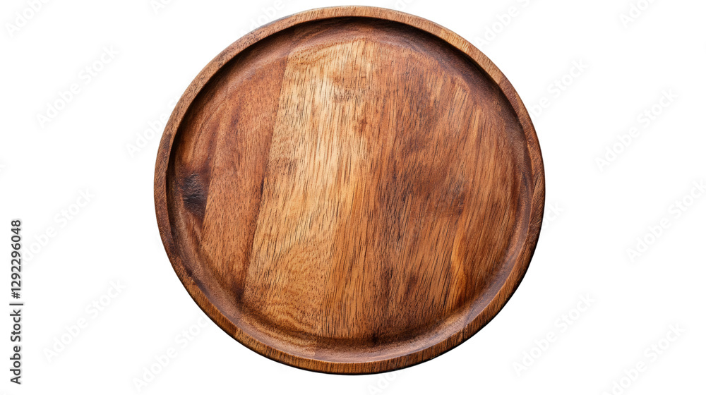 Empty round wooden plate featuring a rich brown texture, isolated on a transparent background, viewed from the top Empty round wooden plate featuring a rich brown texture, isolated on a transparent background, viewed from the top