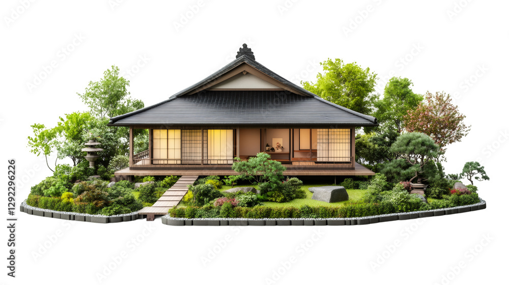 3D-rendered Japanese dwelling featuring glowing interior, nestled within serene zen garden landscape against transparent backdrop 3D-rendered Japanese dwelling featuring glowing interior, nestled within serene zen garden landscape against transparent backdrop