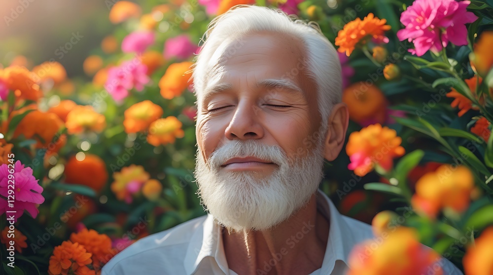 Obraz premium Serene elderly man with white beard enjoying nature, eyes closed, surrounded by vibrant orange and pink flowers in a sunlit garden. Peaceful expression of relaxation and happiness.