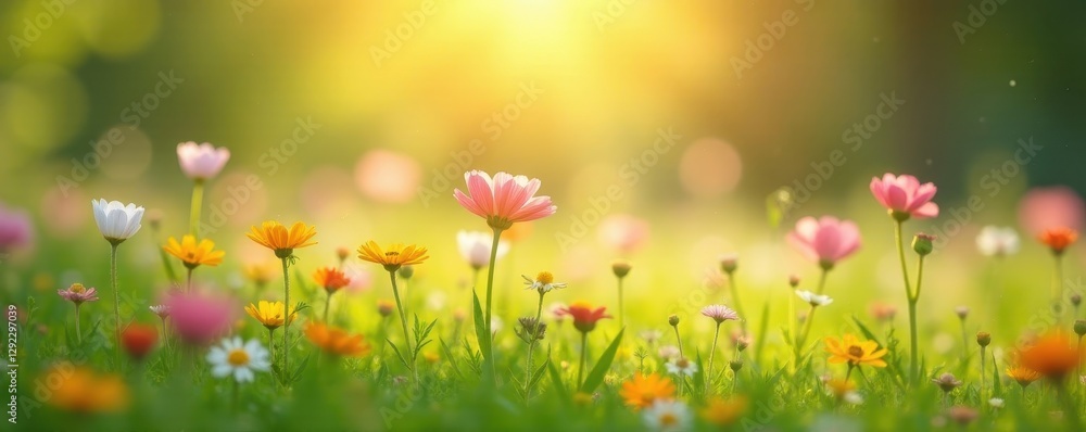 Soft focus wildflowers in a sunlit meadow, spring breeze , sun, photography Soft focus wildflowers in a sunlit meadow, spring breeze , sun, photography