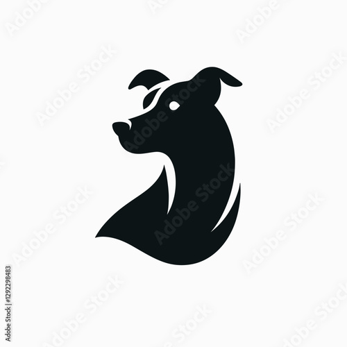 Stylized black dog silhouette with prominent features on a white background, featuring copy space