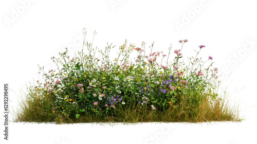 Fototapeta Naklejka Na Ścianę i Meble -  Cutout image of grass and colorful flowers isolated on transparent background, ideal for photo editing and graphic design