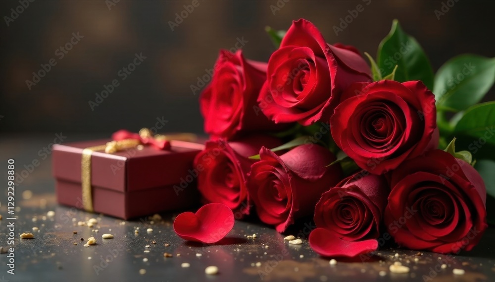 Luxurious red roses beside elegant chocolate box, chocolate, beautiful, sweetness Luxurious red roses beside elegant chocolate box, chocolate, beautiful, sweetness