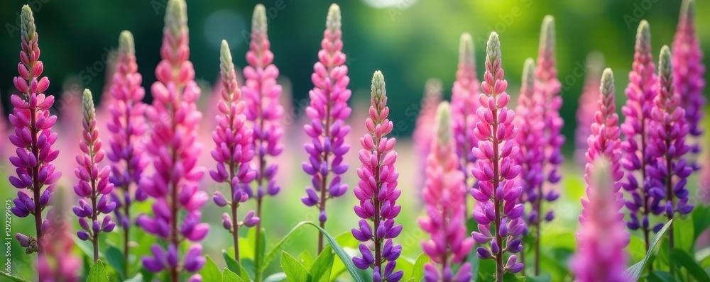 Obraz premium Towering stalks of purple and pink lupines, showing full bloom detail , flower power, summer, pastel
