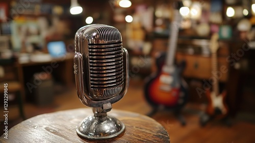 Vintage microphone on table in music store, guitars blurred background