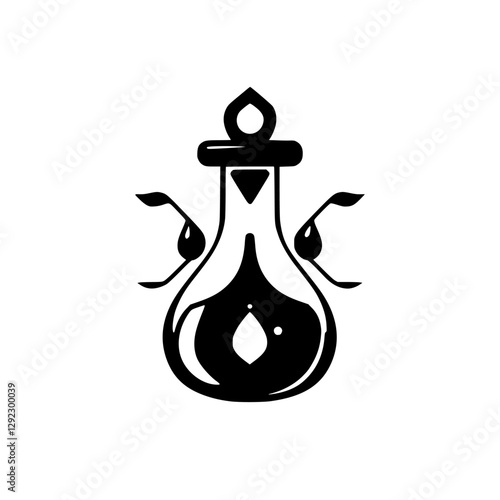 Black and White Flask Design: Minimalist Illustration of a Poisonous Elixir in a White Circle, with Leaves and Drop.