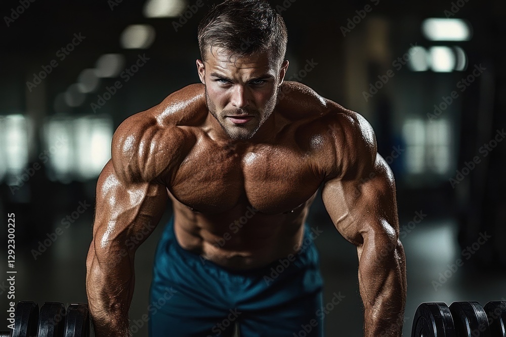Powerful Male Figure Performing Push Up in Gym Strong Male Athletic Body Fitness Powerful Male Figure Performing Push Up in Gym Strong Male Athletic Body Fitness