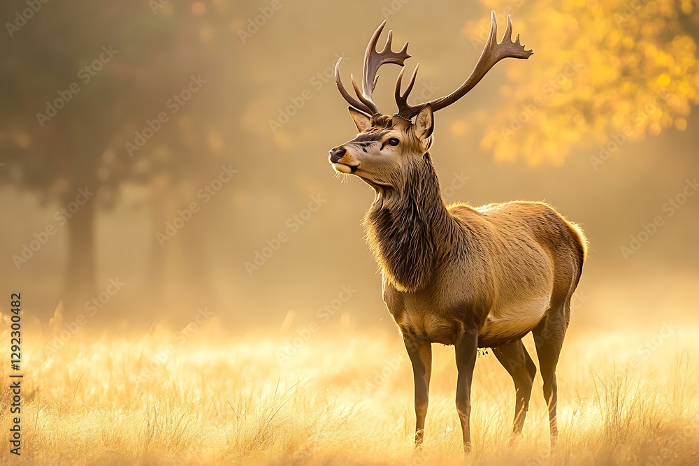 Obraz premium Red deer standing majestically in a misty morning meadow, bathed in golden sunlight