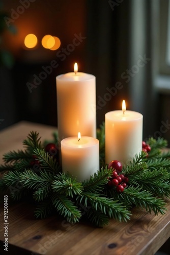 Candles and evergreen branches on a wooden table, evergreen, candles