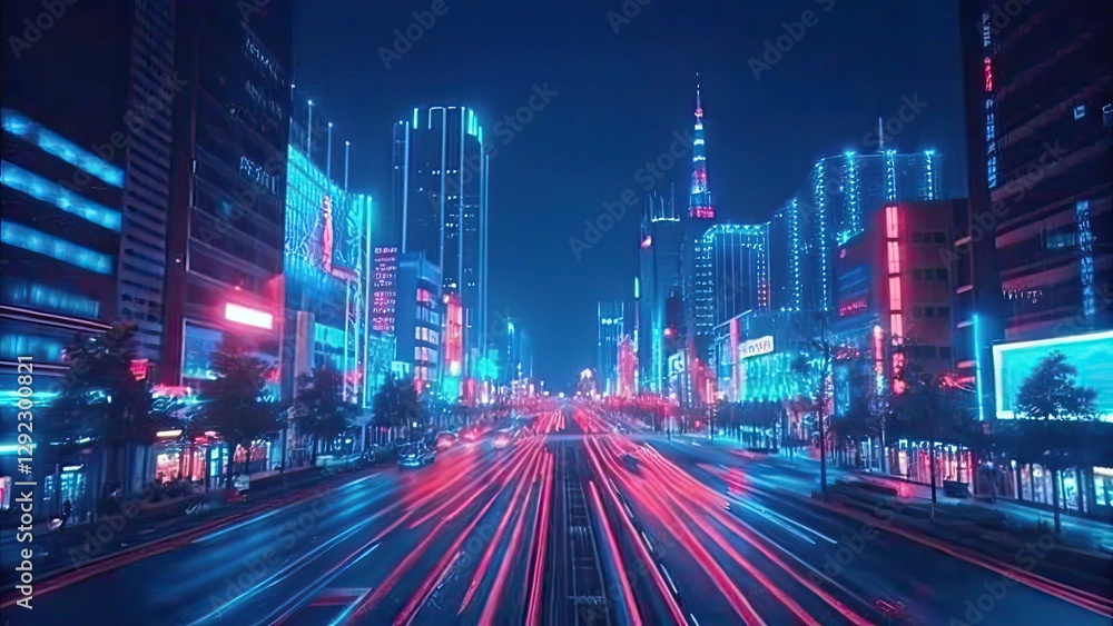 Fototapeta premium high-tech cyber city at night, filled with neon-lit skyscrapers, glowing holographic billboards, and vibrant lights