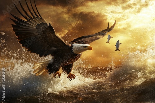 Majestic Eagle Soaring, Catching Fish photo