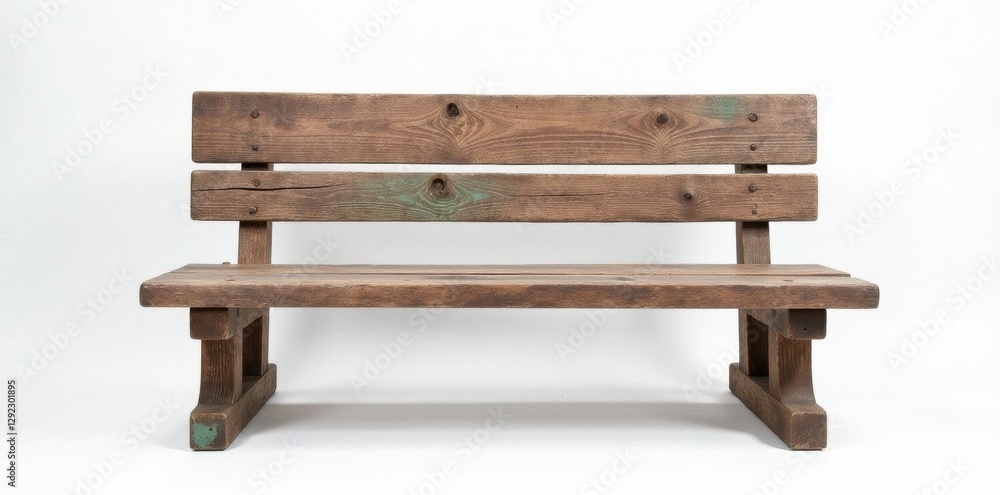 Rustic wooden bench, weathered paint, white backdrop, natural, furniture, home decor Rustic wooden bench, weathered paint, white backdrop, natural, furniture, home decor