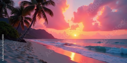 Pink and orange sunset hues paint the sky above a palm-lined sandy beach , background, seascape, evening